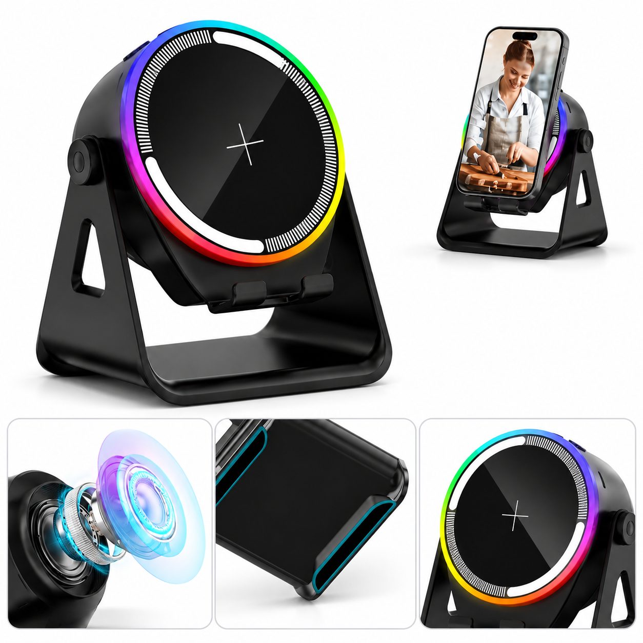 4-in-1 Wireless Induction Speaker with RGB Lights &amp; Phone Stand